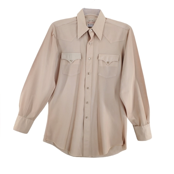 COPY Vtg H Bar C Shirt Men 15 1/2 Long Tail Slim Pearl Snap Tan Dacron Polyester - Picture 11 of 12